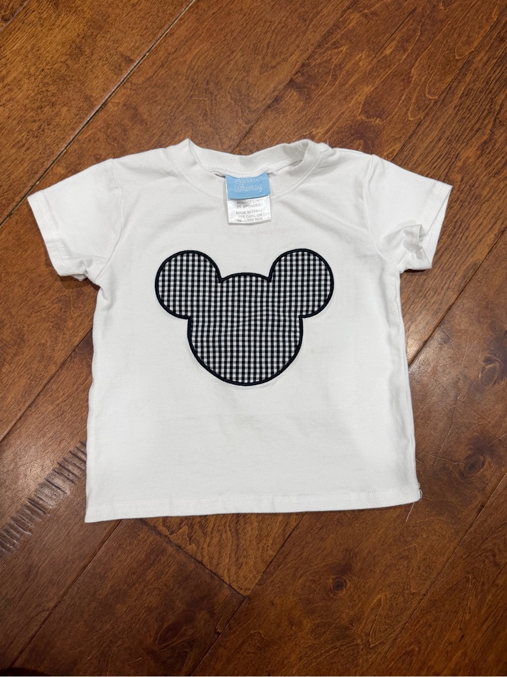 White Kids Short Sleeve Tee with Black Gingham Mouse Patch